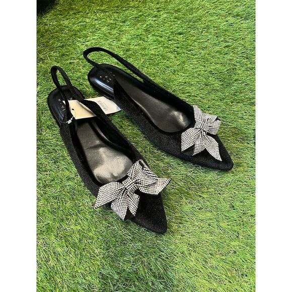 A new day Shoes - A New Day Women's Black Velvet Slingback Flats w/ Rhinestone Bow Size 9.5